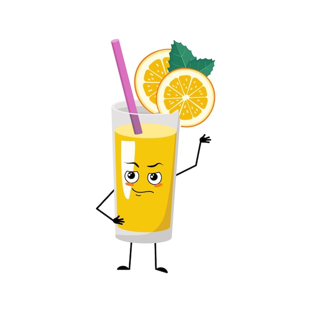 Batido de naranja con carácter de fruta y paja con emociones de héroe valiente cara brazos y piernas Bebida saludable en vaso con expresión de coraje y pose Vector ilustración plana