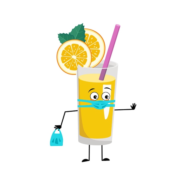 Batido de naranja con carácter de fruta y paja en máscara médica y mantener las manos a distancia con bolsa de compras y detener el gesto bebida saludable en expresión de cuidado de vidrio y pose ilustración plana vectorial