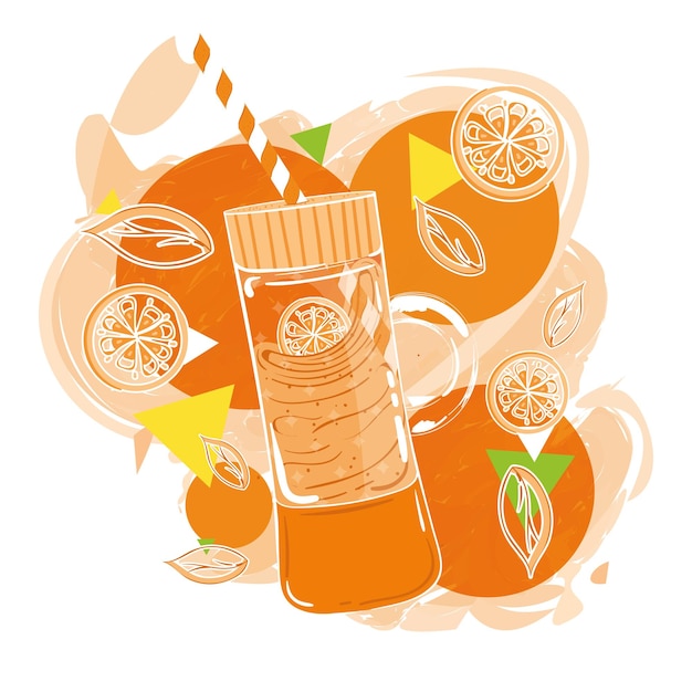 Batido de naranja retro en tarro con fruta de naranja Vector