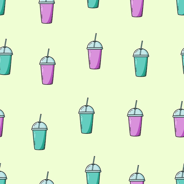 Batido de patrones sin fisuras para llevar o jugo recién exprimido un vaso con una tapa y una bebida de ilustración de vector de doodle de paja