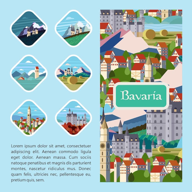 Baviera, Alemania. Hermosos paisajes, arquitectura tradicional de Baviera. Castillos, pueblos, ciudades, montañas, campos. Postales, logotipos, emblemas con espacio para texto.