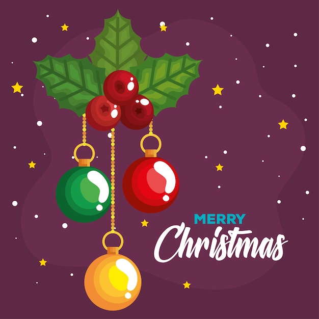 Baya de acebo de Navidad y bolas colgando, banner de año nuevo y diseño de celebración de feliz Navidad