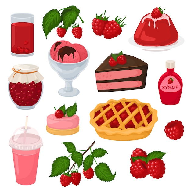 Baya de frambuesa baya roja madura para jugo fresco o mermelada jugosa y pastel de postre dulce con helado ilustración conjunto de bayas de alimentos de dieta saludable aislado sobre fondo blanco