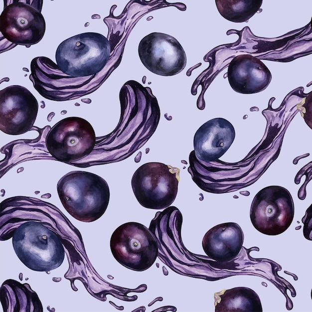 Vector bayas de acai en jugo salpicadura acuarela de patrones sin fisuras aisladas en azul amazonas exóticas pequeñas bayas moradas frutas tropicales dibujadas a mano elemento de diseño para envolver el fondo textil de embalaje