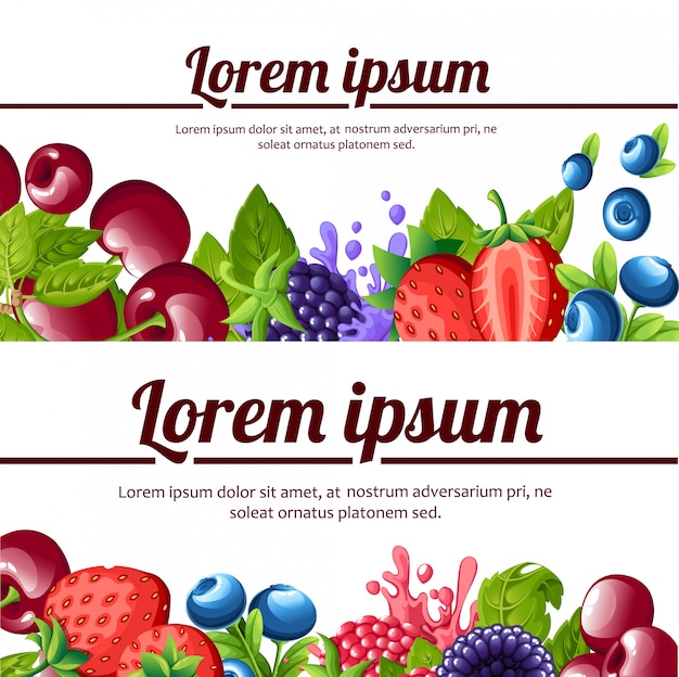 Bayas del bosque. Frutas dulces. Fresas, arándanos, moras cereza, frambuesas. ilustración. Lugar para su texto. Página web y aplicación móvil