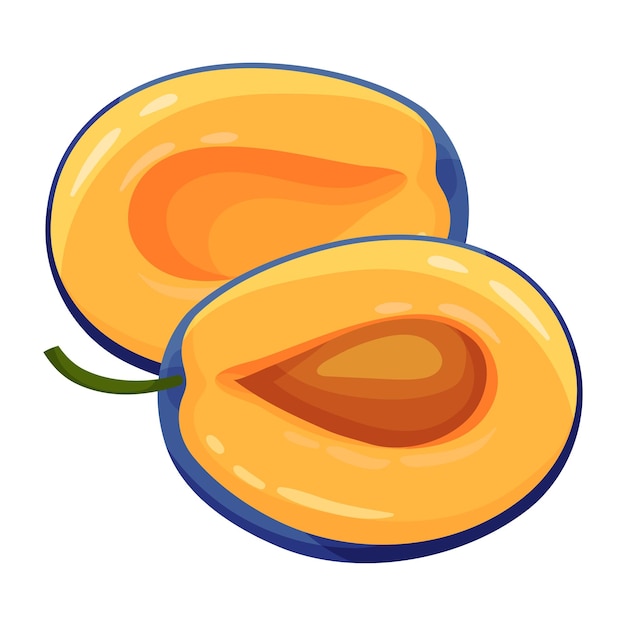 Bayas de ciruela cortadas a la mitad con carne dulce e ilustración vectorial de piedra