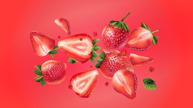 Las bayas de fresa con hojas y gotas de jugo se esparcen sobre un fondo rojo. Ilustración realista.
