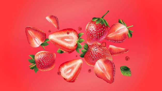 Las bayas de fresa con hojas y gotas de jugo se esparcen sobre un fondo rojo. ilustración realista.