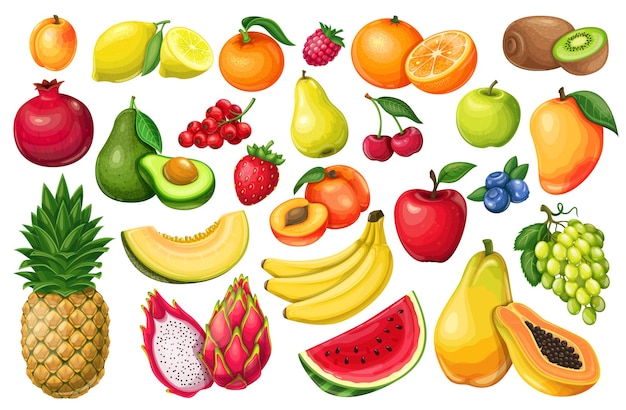 Bayas y frutas en estilo de dibujos animados. Pitaya, granada, frambuesas, fresas, uvas, grosellas y arándanos. Set de limón, melocotón, manzana, sandía naranja, aguacate y melón