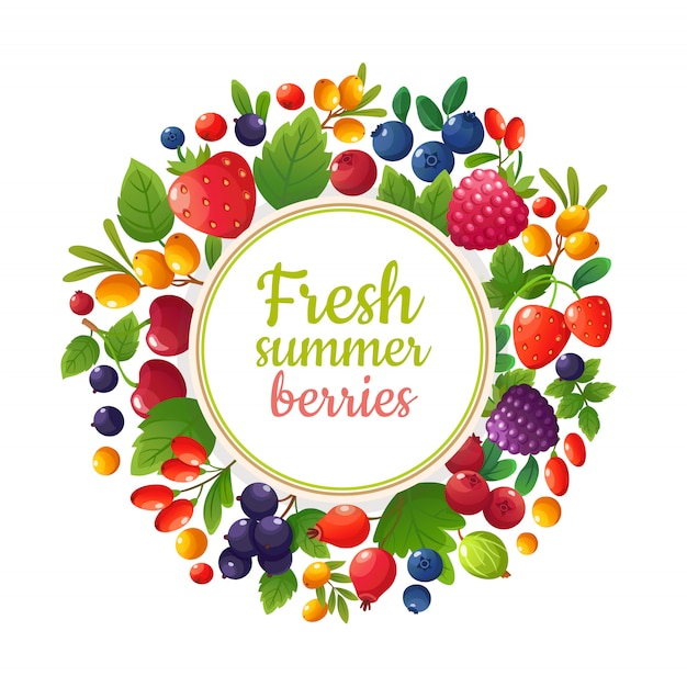 Bayas y frutas orgánicas frescas de verano. Diseño de menú de cafetería vegana de comida saludable