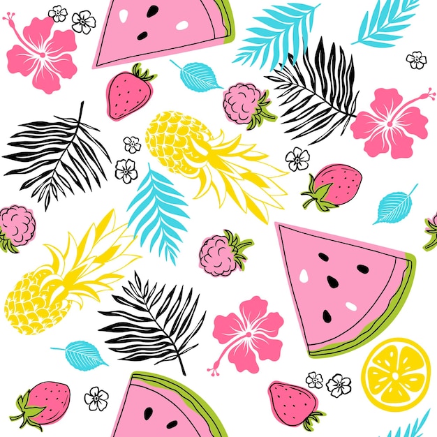 Bayas de frutas simples sin costuras y flores y hojas simples