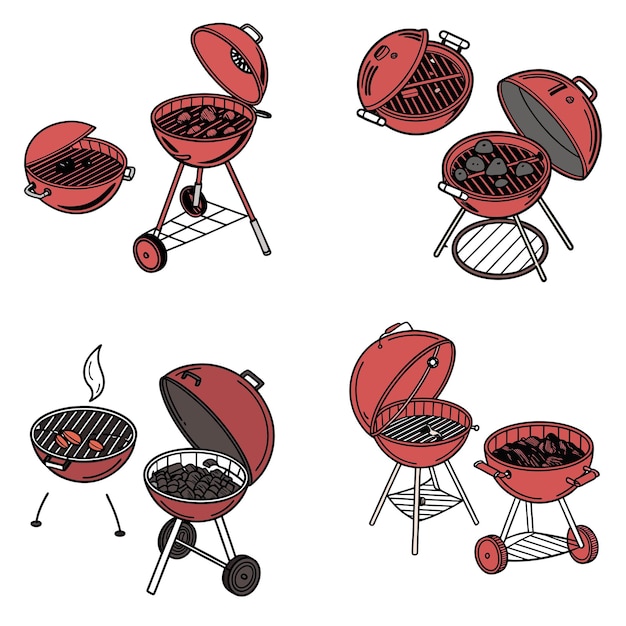 BBQ Grill iconos vectorial BBQ grill aislado Brazier de barbacoa con humo Kebab concepto de comida a la parrilla