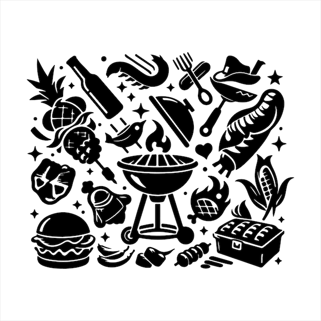 BBQ iconas de diseño único paquete de imagen vectorial de silueta con fondo blanco de parrilla de automóviles