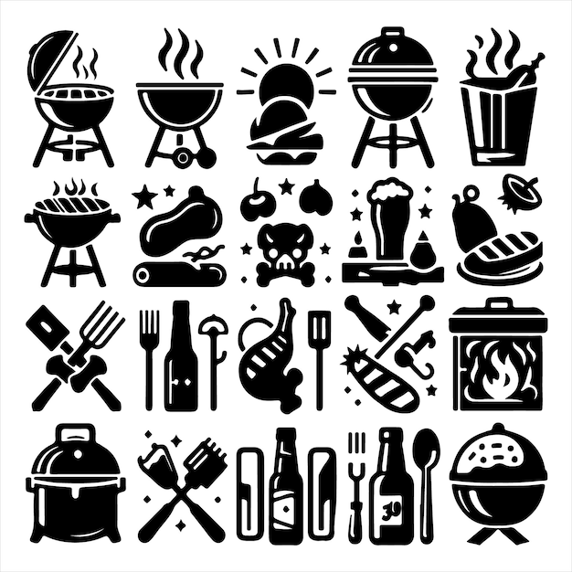 BBQ iconas de diseño único paquete de imagen vectorial de silueta con fondo blanco de parrilla de automóviles