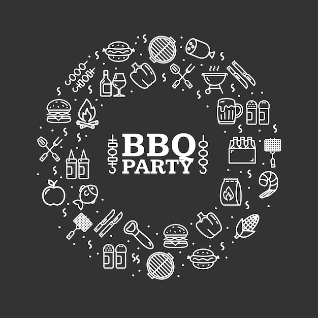 Bbq Party Redonda Diseño plantilla de línea delgada Icon Banner Vector