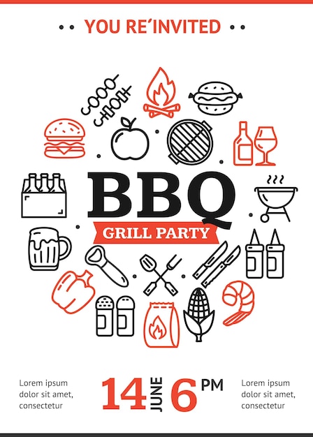 Bbq Party Signs Plantilla de diseño redondo Concepto de icono de línea delgada Vector