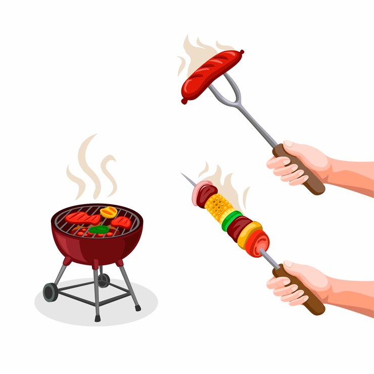 Vector bbq party steak, kaboob con vegetales y comida a la parrilla. colección de iconos de símbolo de alimentos de temporada de verano en ilustración de dibujos animados sobre fondo blanco