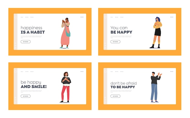 Be happy, cheering and ovation landing page template set. personajes alegres aplauden las manos. hombres y mujeres aplauden