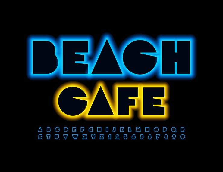 Vector beach cafe conjunto de letras y números del alfabeto de neón de fuente brillante brillante