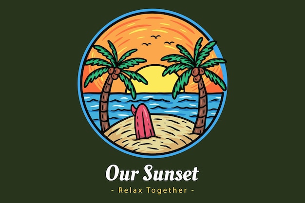 Beach Sunset Summer Vibes Badges con Sun y Happy Wave Coconut Tree y Surf Travel Paradise island