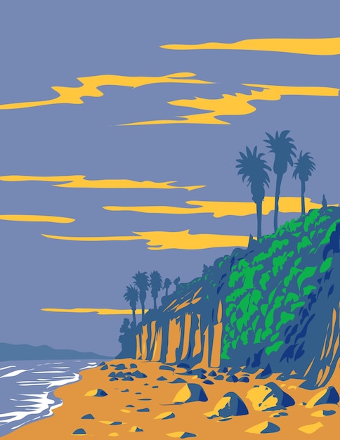 Vector beacon's beach en leucadia state beach en encinitas california wpa poster art