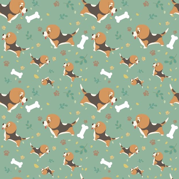 Beagle de la raza del perro de la historieta del modelo inconsútil con las patas, las hojas y los huesos.