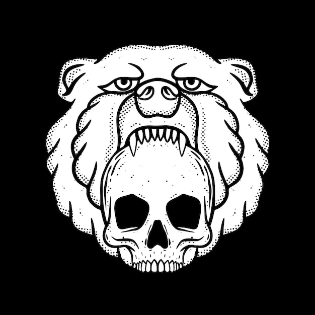 Bear and Skull art Illustration vector blanco y negro dibujado a mano para tatuaje, pegatina, afiche, etc.