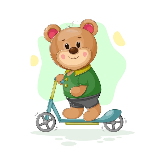 Bear on a Scooter Ilustración vectorial de un oso con pantalones y una camisa llena de alegría y movimiento