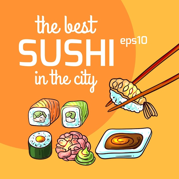 Beautifui dibujado a mano ilustración vectorial sushi estilo Doodle