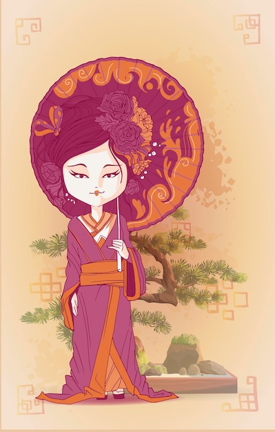 Vector beautifullcart conjunto de chicas japonesas en kimono. geisha joven con paraguas, abanicos japoneses, viejo kimono tradicional maquillaje maiko estilo de pelo tímido vector ilustración aislado.