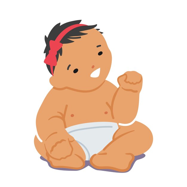 Vector bebé asiático recién nacido aislado sobre fondo blanco lindo personaje de niña infantil inocente usar pañal y lazo rojo en la cabeza