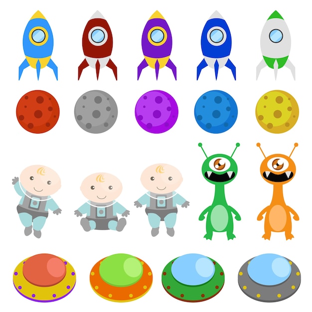 Bebé astronauta Clip Art elementos. Space Adventure New Born. Extraterrestre, ovni y cohete.