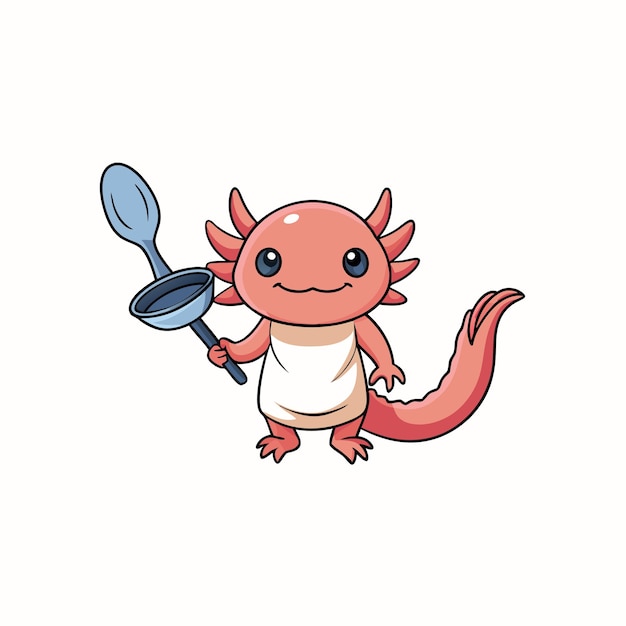 bebé axolotl con una espátula y una sartén Ilustración de dibujos animados