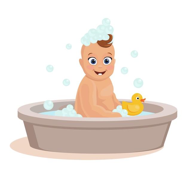 Vector el bebé se está bañando en una bañera para bebés con un juguete.