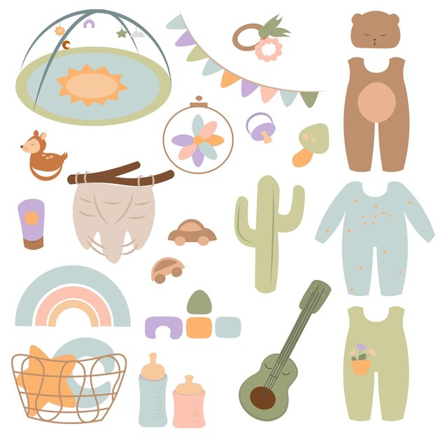 Vector bebé boho juguetes abstracto boho juguetes lindo mínimo juguete para niños juguete clipart vector juguetes conjunto elementos de madera para niños