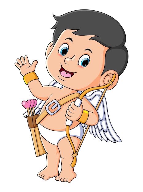 El bebé Cupido sostiene la flecha del amor y agita la mano.