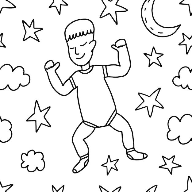 Bebé dibujado a mano durmiendo de patrones sin fisuras Doodle vector niño pequeño durmiendo con nubes y estrellas