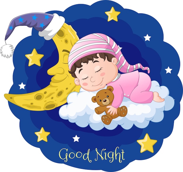 Bebé de dibujos animados durmiendo con oso de peluche y luna en las nubes
