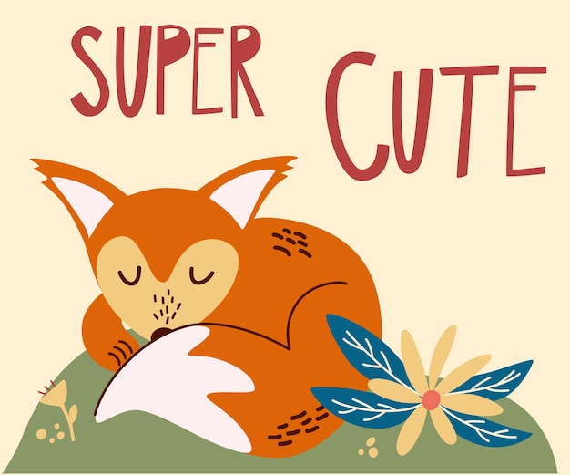 Bebé de dibujos animados lindo zorro durmiendo. Las letras de inscripción Super Cute. Zorro durmiendo en el césped del bosque. Icono de animales del bosque de temporada de otoño para impresión, pegatina, postal. Ilustración de vector de bosque divertido.