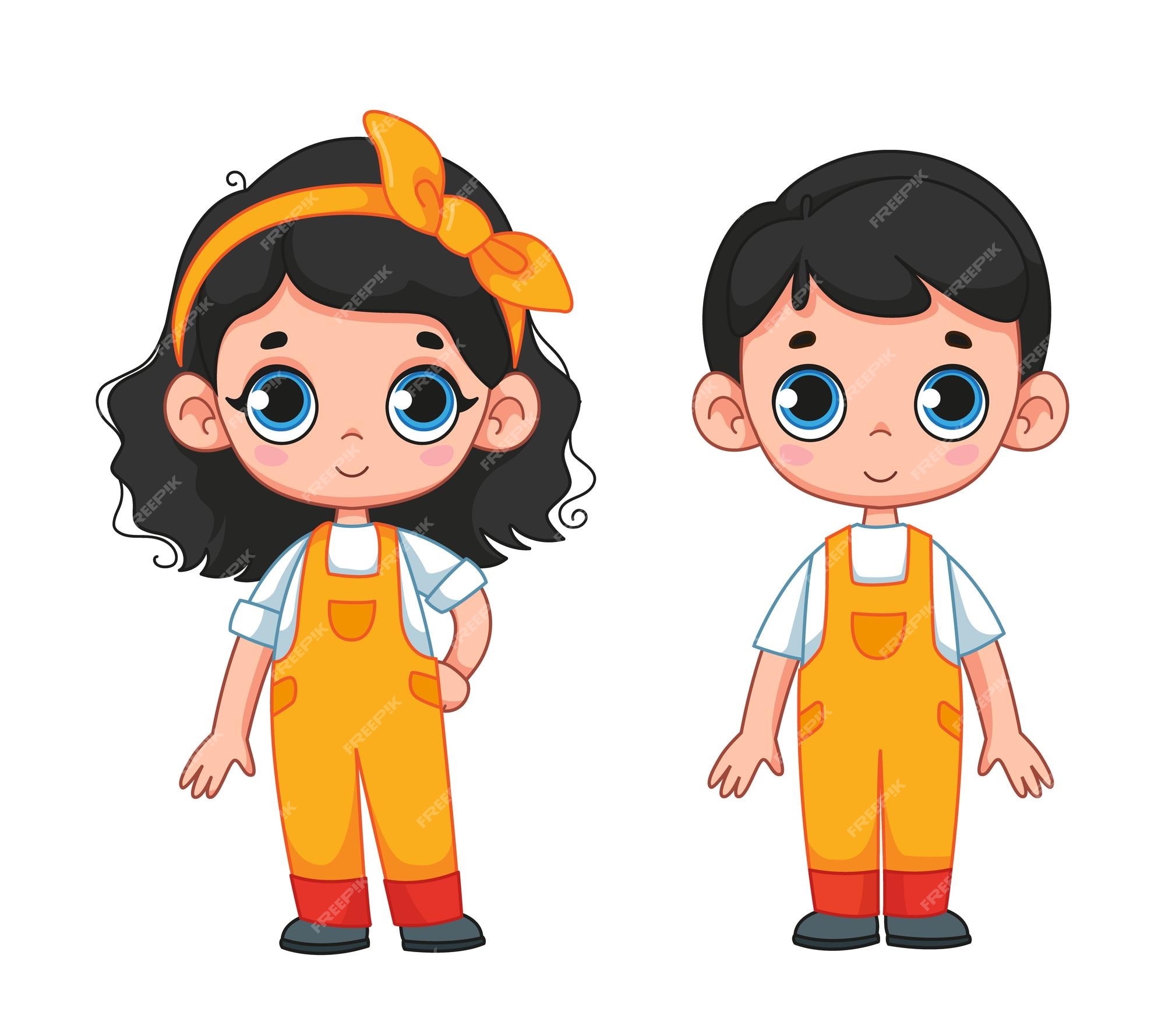 Bebé de dibujos animados en overoles amarillos conjunto y limpiador de profesión de ilustración vectorial | Vector Premium