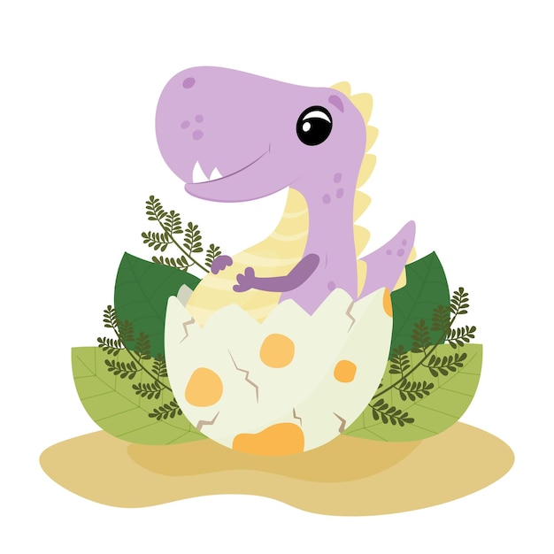 Bebé dinosaurio divertido en una cáscara de huevo. Un dinosaurio sale del cascarón de un huevo.