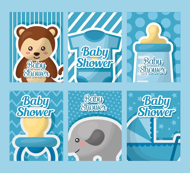 Vector bebé ducha tarjeta etiquetas niño nacido elefante oso vestir pacificador botella leche bebé carriege