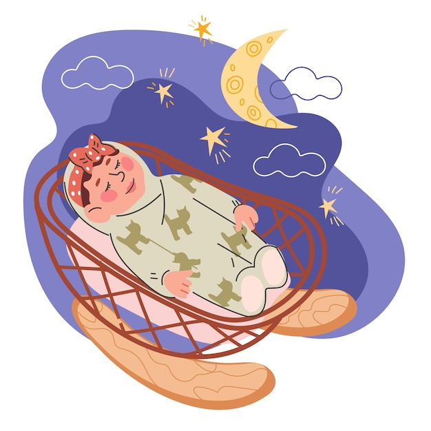 Vector el bebé duerme en la cuna por la noche vector plano aislado bebé recién nacido durmiendo horario del día del niño