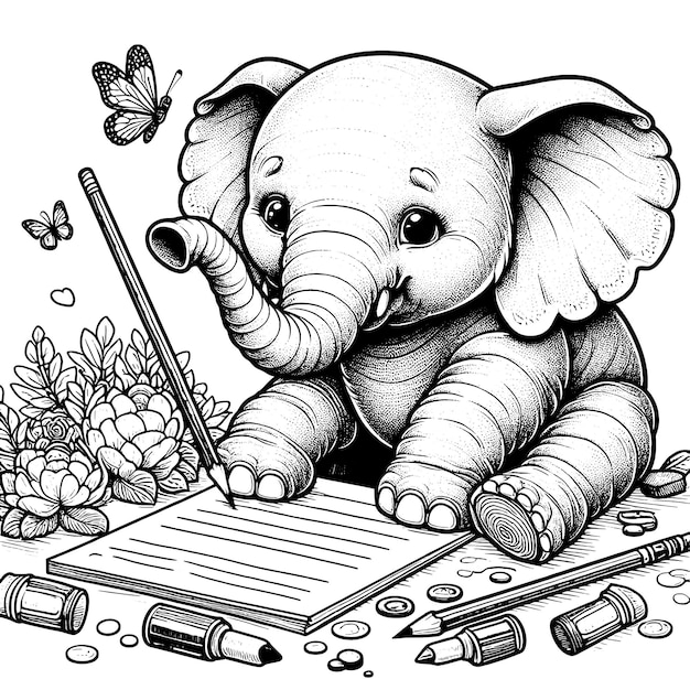 Vector el bebé elefante escribe una letra vector generativo ai libro de colorear adultos y niños