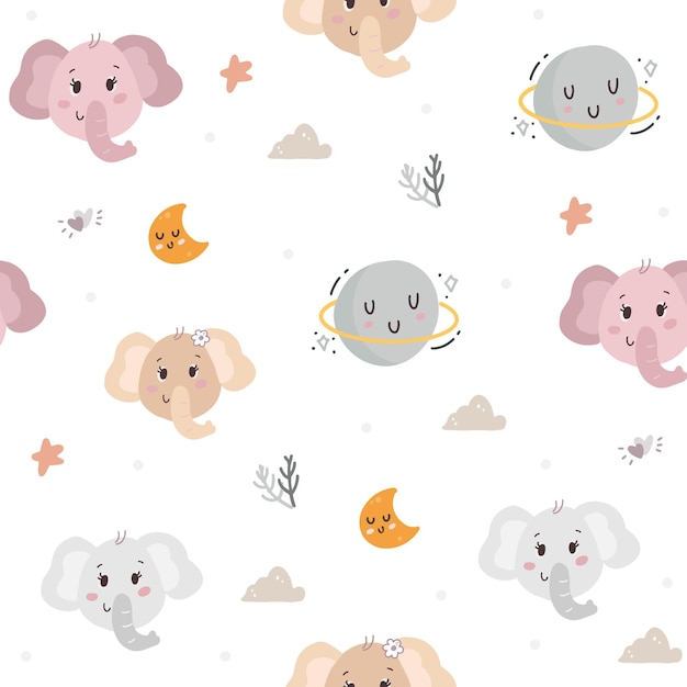 Bebé elefante y luna vivero de patrones sin fisuras ilustración de diseño de fondo