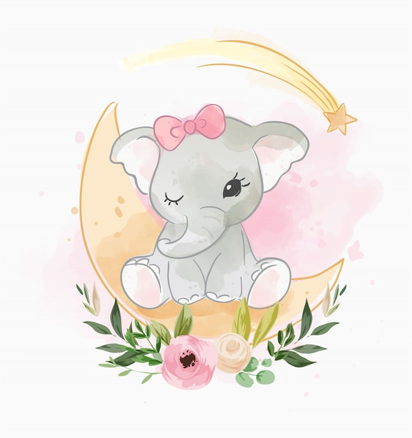 Bebé elefante sentado en la luna con flores