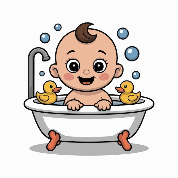 Bebé feliz en la bañera con patos de goma Ilustración vectorial aislada en fondo blanco