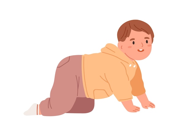Bebé feliz gateando. Lindo niño pequeño moviéndose sobre sus manos y rodillas. Niño sonriente alegre. Retrato de adorable niño encantador. Ilustración de vector plano aislado sobre fondo blanco