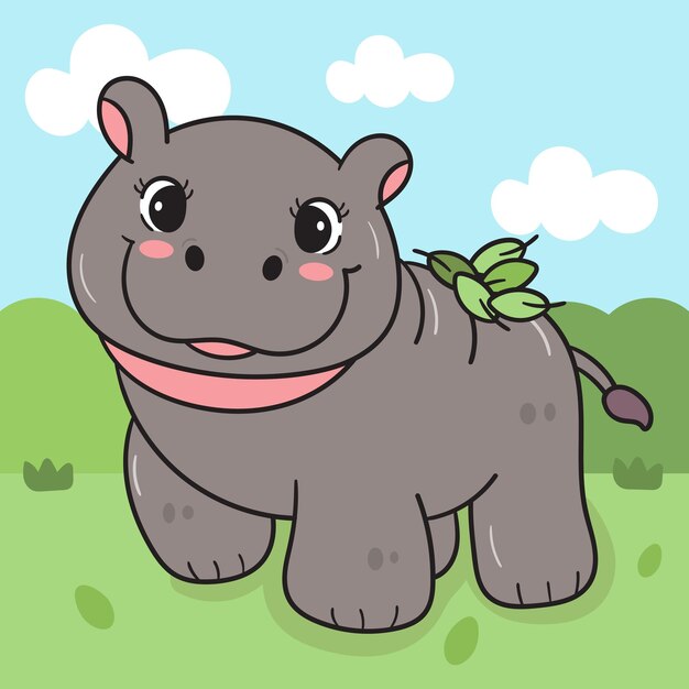 Bebé hipopótamo pigmeo dibujado en el zoológico emoción feliz en el fondo del bosque Animales de la serie kawaii