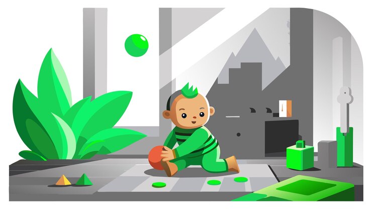 Vector un bebé jugando con una pelota en la habitación